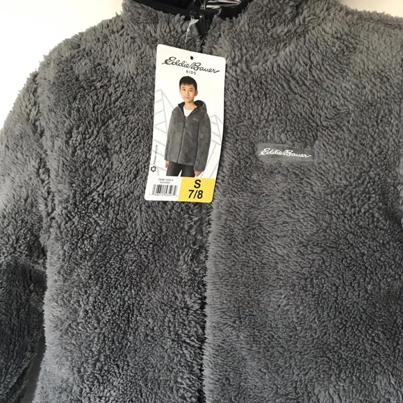 NWT Eddie Bauer Youth Boys Reversible Hooded Puffer Fleece Black Gray Jacket S